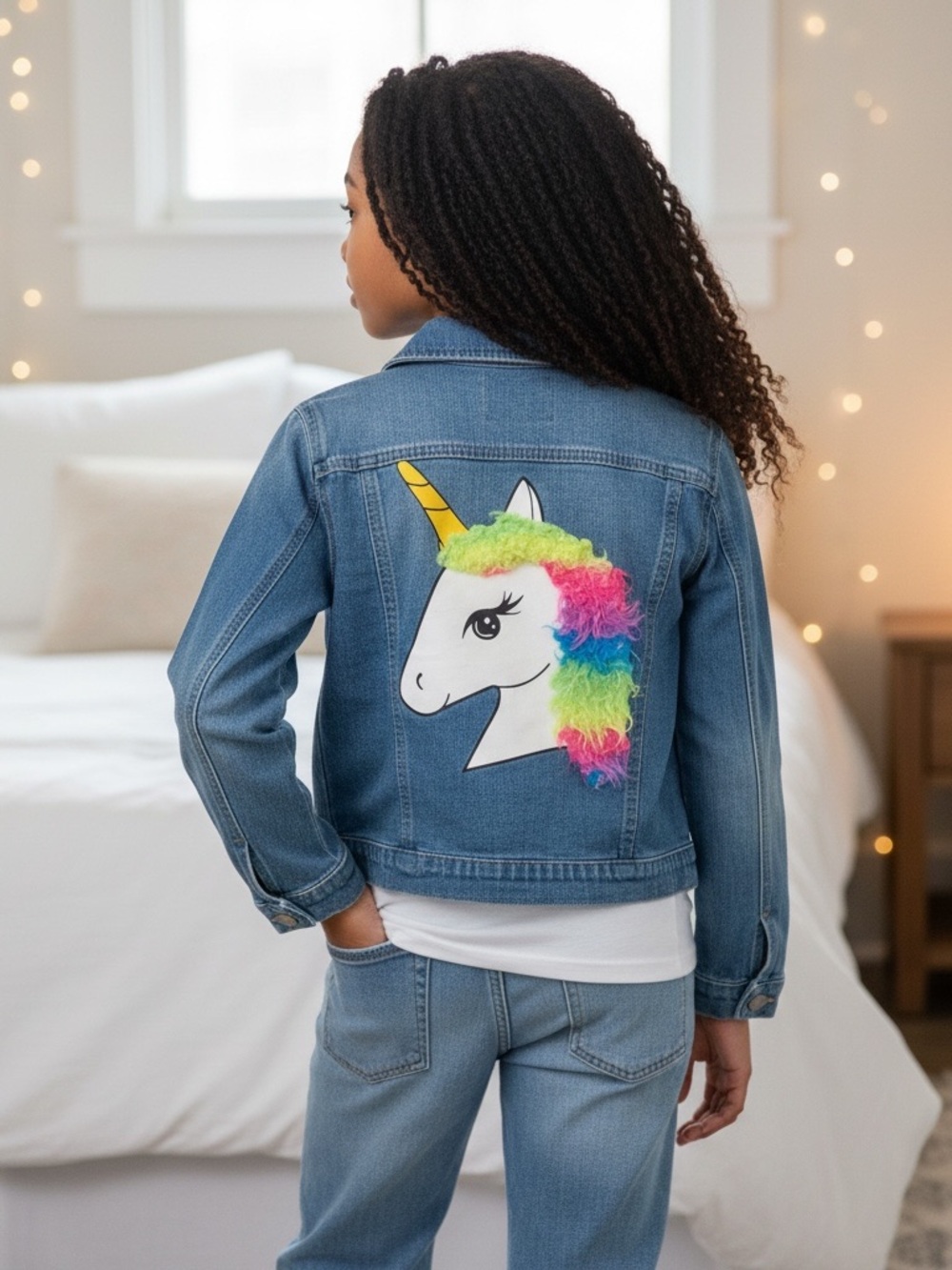 The Girls Blue Denim Jacket with Rainbow Appliqué Unicorn Mane